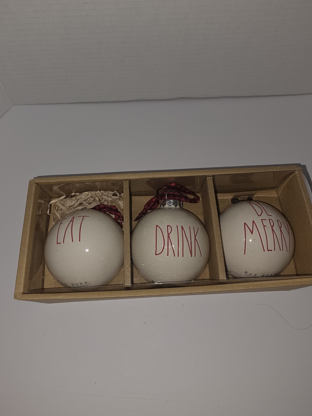 Rae Dunn by Magenta Eat Drink Be Merry Christmas Ceramic Ball 3” Ornaments 3Pcs